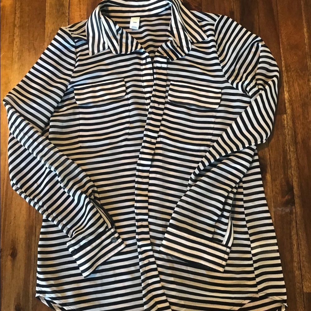 Sheer black and white striped shirt from Old Navy.